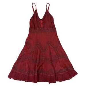 Fairycore Burgundy Stonewashed Rayon Beaded Midi Dress - Smocked Back - Boho